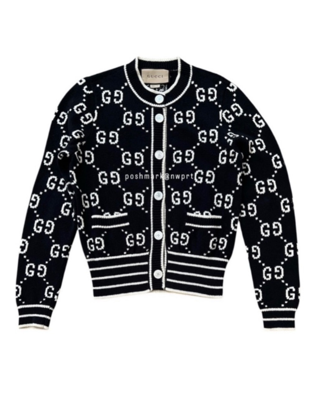GUCCI GG Supreme Logo Cardigan Sweater Black Ivory White Cotton XS 0 2 - Picture 5 of 14